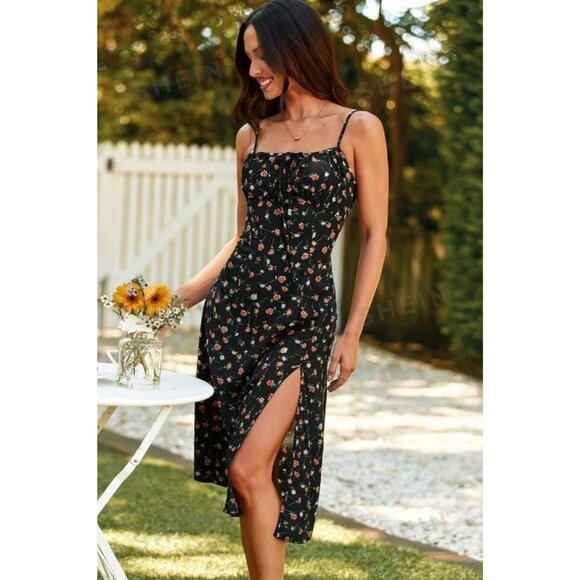 SHEIN Black Floral Dress Midi Length with Slit 4 S - Picture 1 of 7
